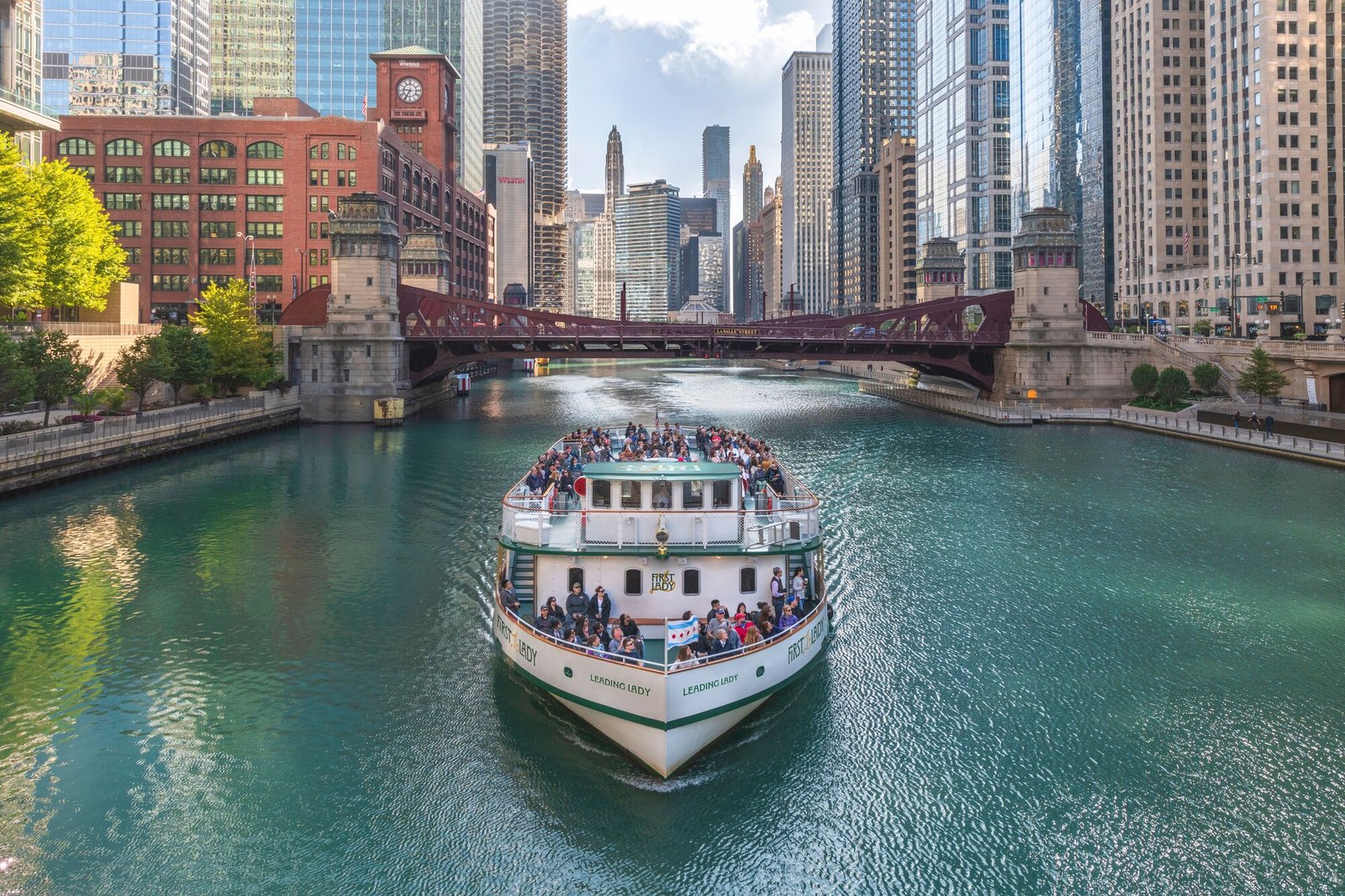 Chicago's First Lady architecture cruise moving along the Chicago River